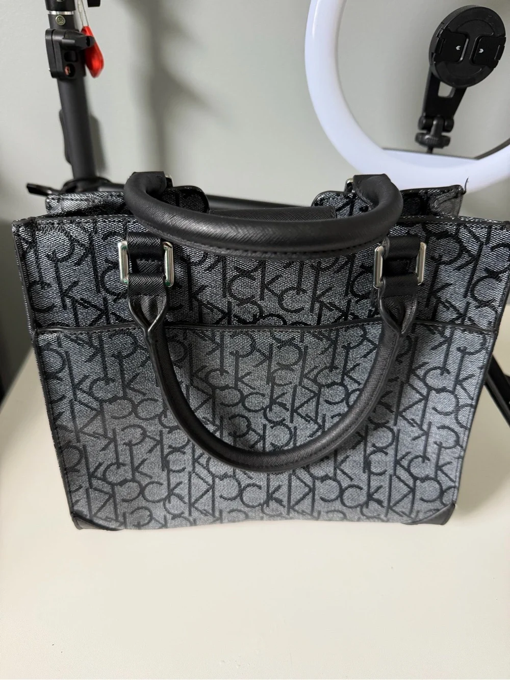 Calvin Klein Black Monogram Satchel with Top Handles
